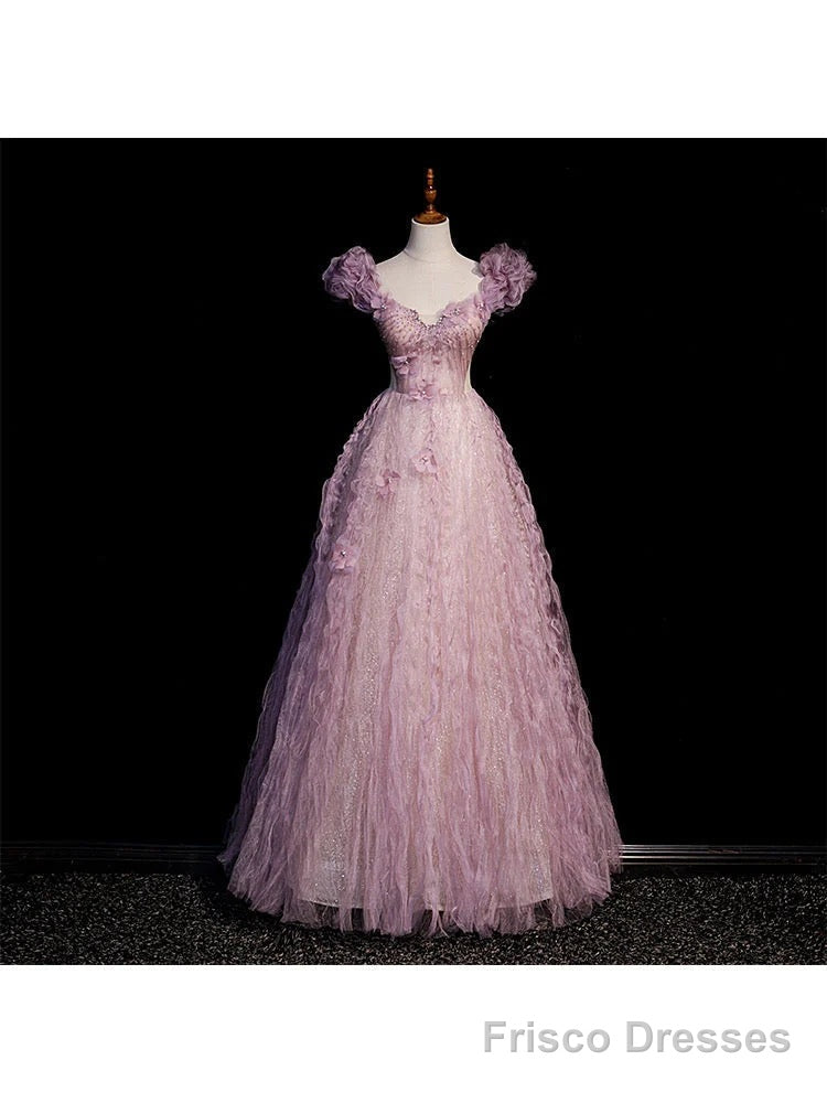 Pink Tulle Long Off Shoulder Party Dress with Flowers Pink Evening Dress Formal Dress prom dresses shops