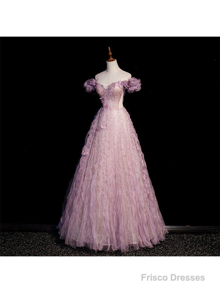 Pink Tulle Long Off Shoulder Party Dress With Flowers, Pink Evening Dress Prom Dress Secondary image