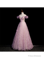 Pink Tulle Long Off Shoulder Party Dress With Flowers, Pink Evening Dress Prom Dress