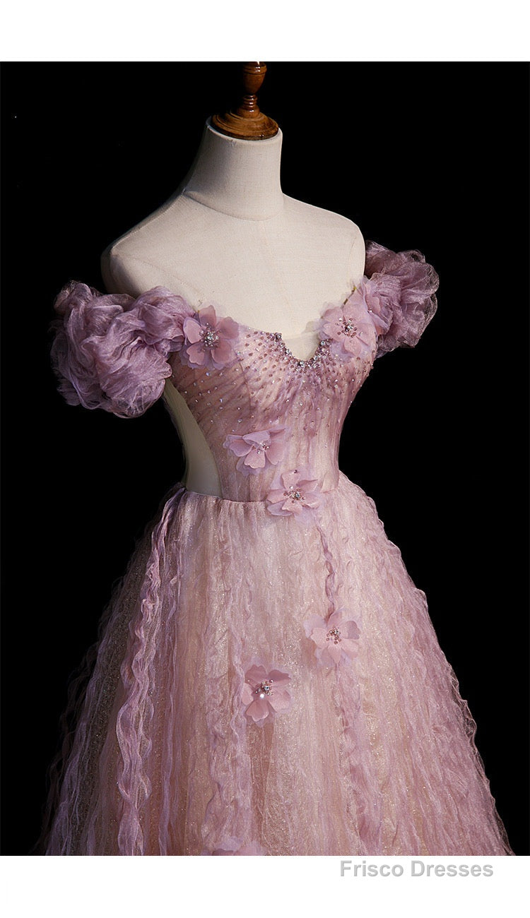 Pink Tulle Long Off Shoulder Party Dress With Flowers, Pink Evening Dress Prom Dress