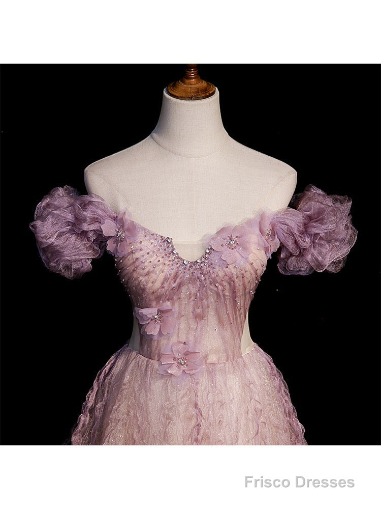 Pink Tulle Long Off Shoulder Party Dress With Flowers, Pink Evening Dress Prom Dress