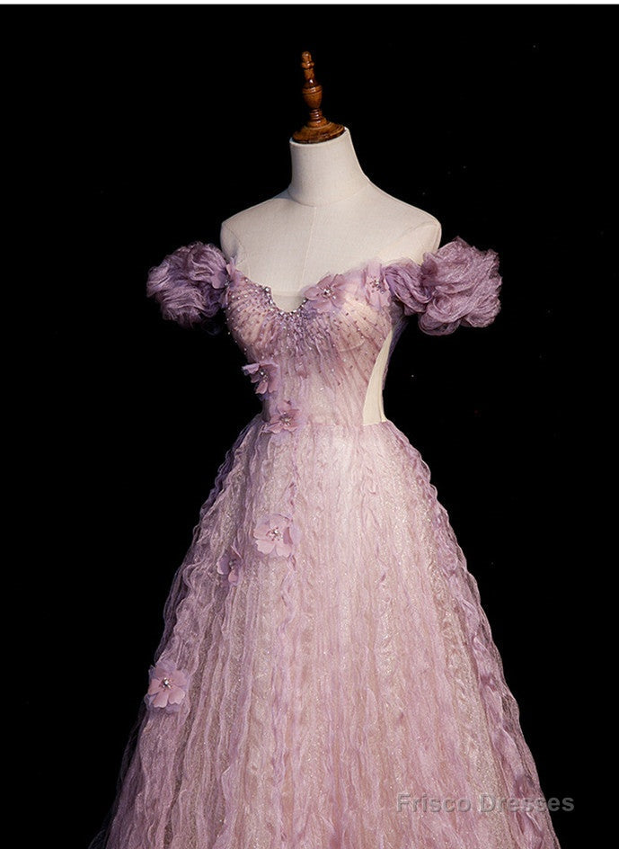 Pink Tulle Long Off Shoulder Party Dress With Flowers, Pink Evening Dress Prom Dress Main image