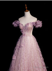 Pink Tulle Long Off Shoulder Party Dress With Flowers, Pink Evening Dress Prom Dress