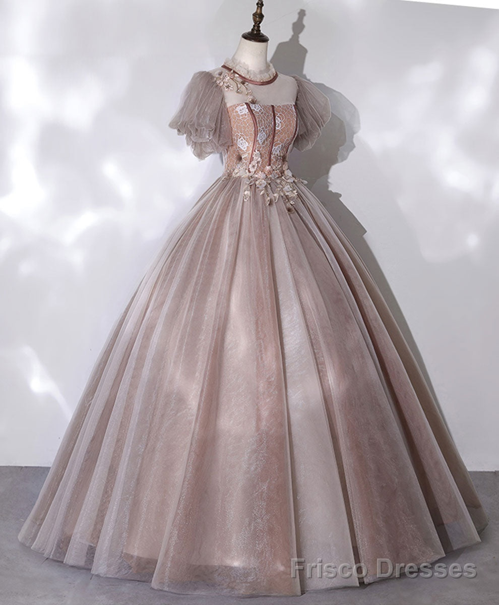 Pink Tulle Long Prom Dress, Pink Formal Sweet 16 Dress with Applique Beading Secondary image