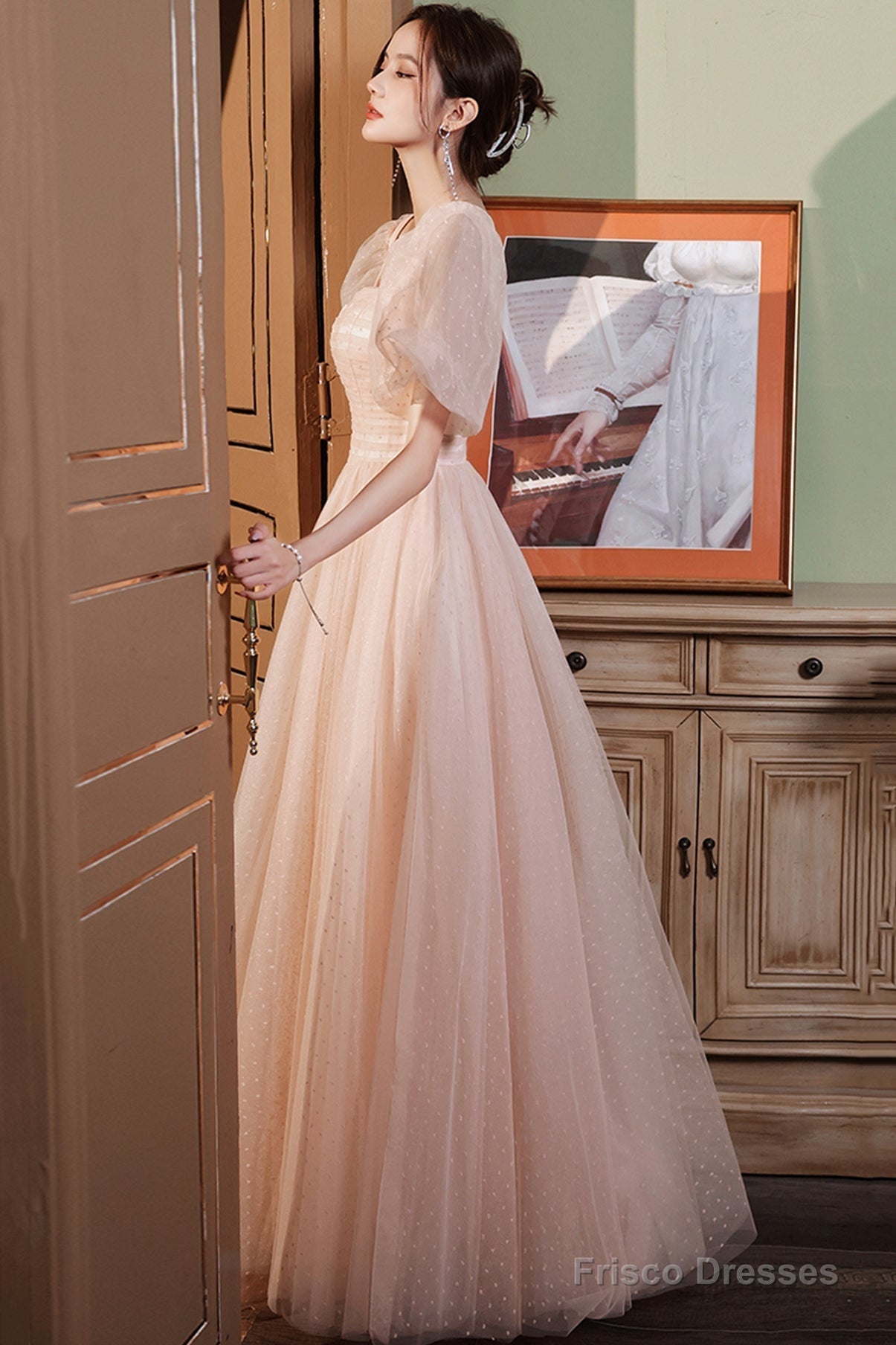 Pink Tulle Long Prom Dresses, A-Line Evening Dresses