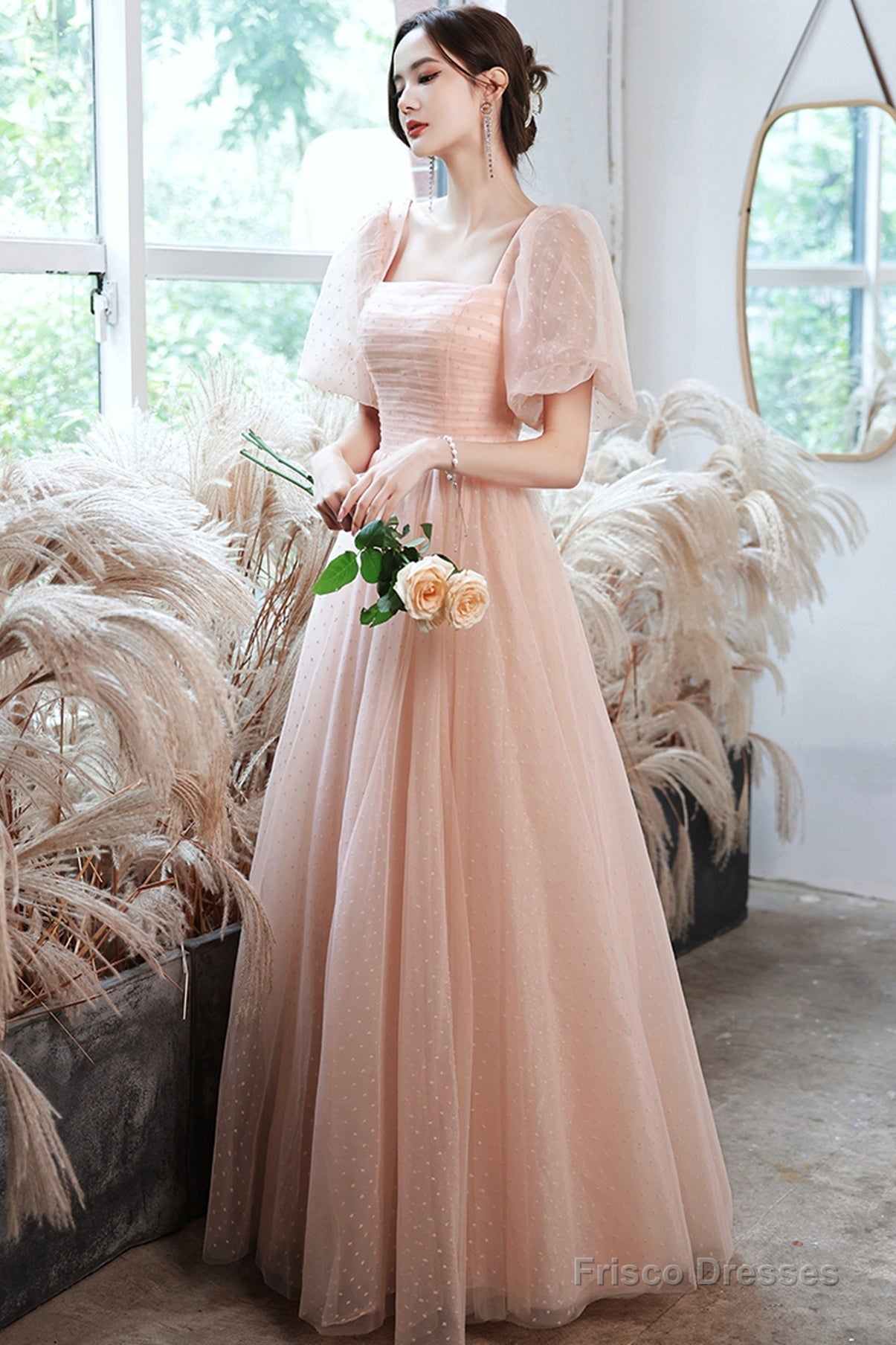 Pink Tulle Long Prom Dresses, A-Line Evening Dresses Main image