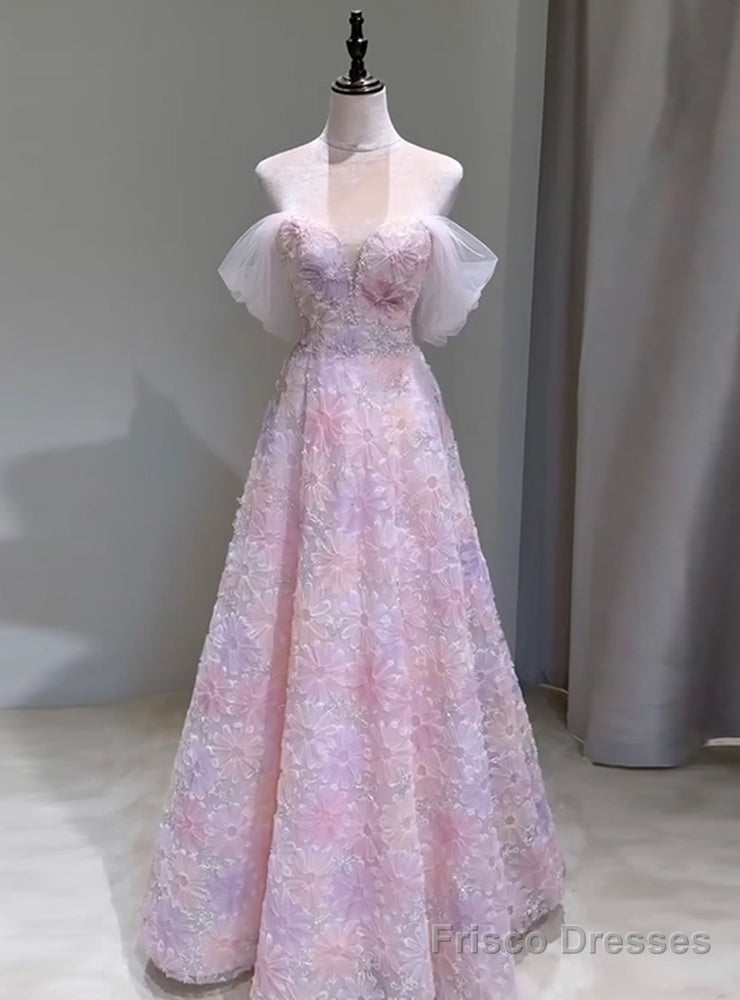 Pink Tulle Of the Shoulder Flower Prom Dress Main image
