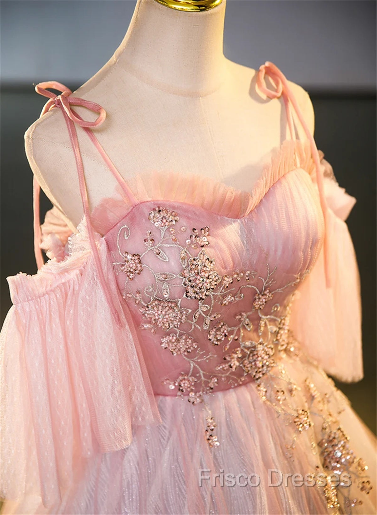 Pink Tulle Off Shoulder Beaded A-Line Formal Prom Dress, Pink Tulle Long Party Dress Secondary image