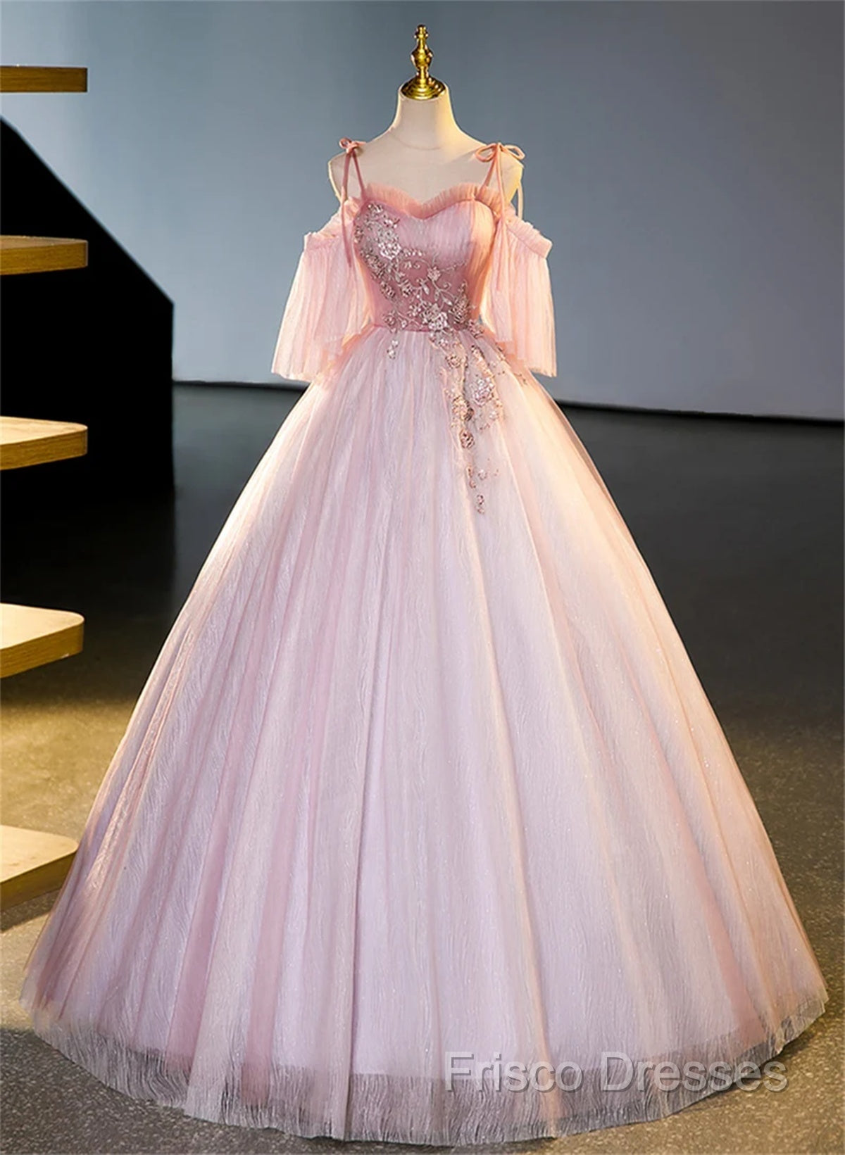 Pink Tulle Off Shoulder Beaded A-Line Formal Prom Dress, Pink Tulle Long Party Dress