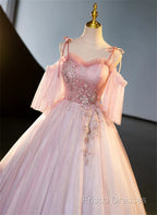 Pink Tulle Off Shoulder Beaded A-Line Formal Prom Dress, Pink Tulle Long Party Dress