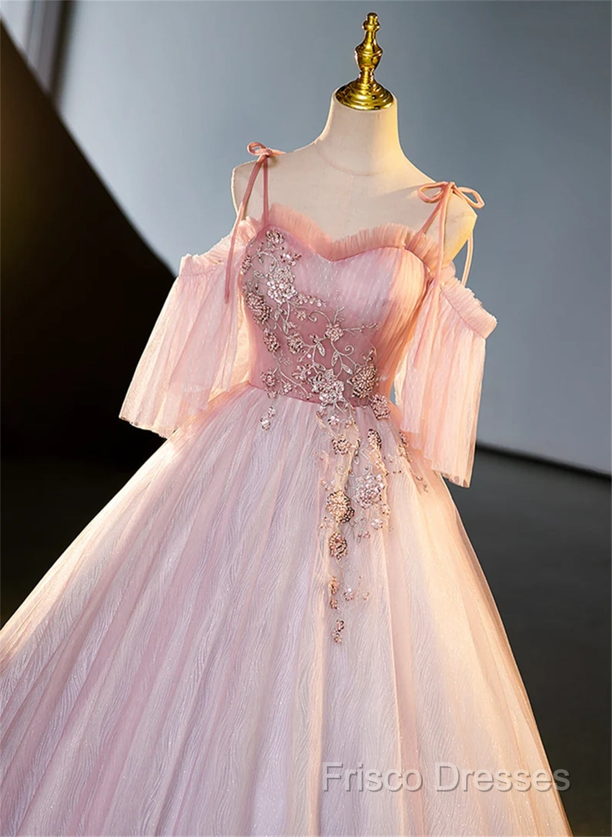Pink Tulle Off Shoulder Beaded A-Line Formal Prom Dress, Pink Tulle Long Party Dress