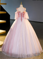 Pink Tulle Off Shoulder Beaded A-Line Formal Prom Dress, Pink Tulle Long Party Dress
