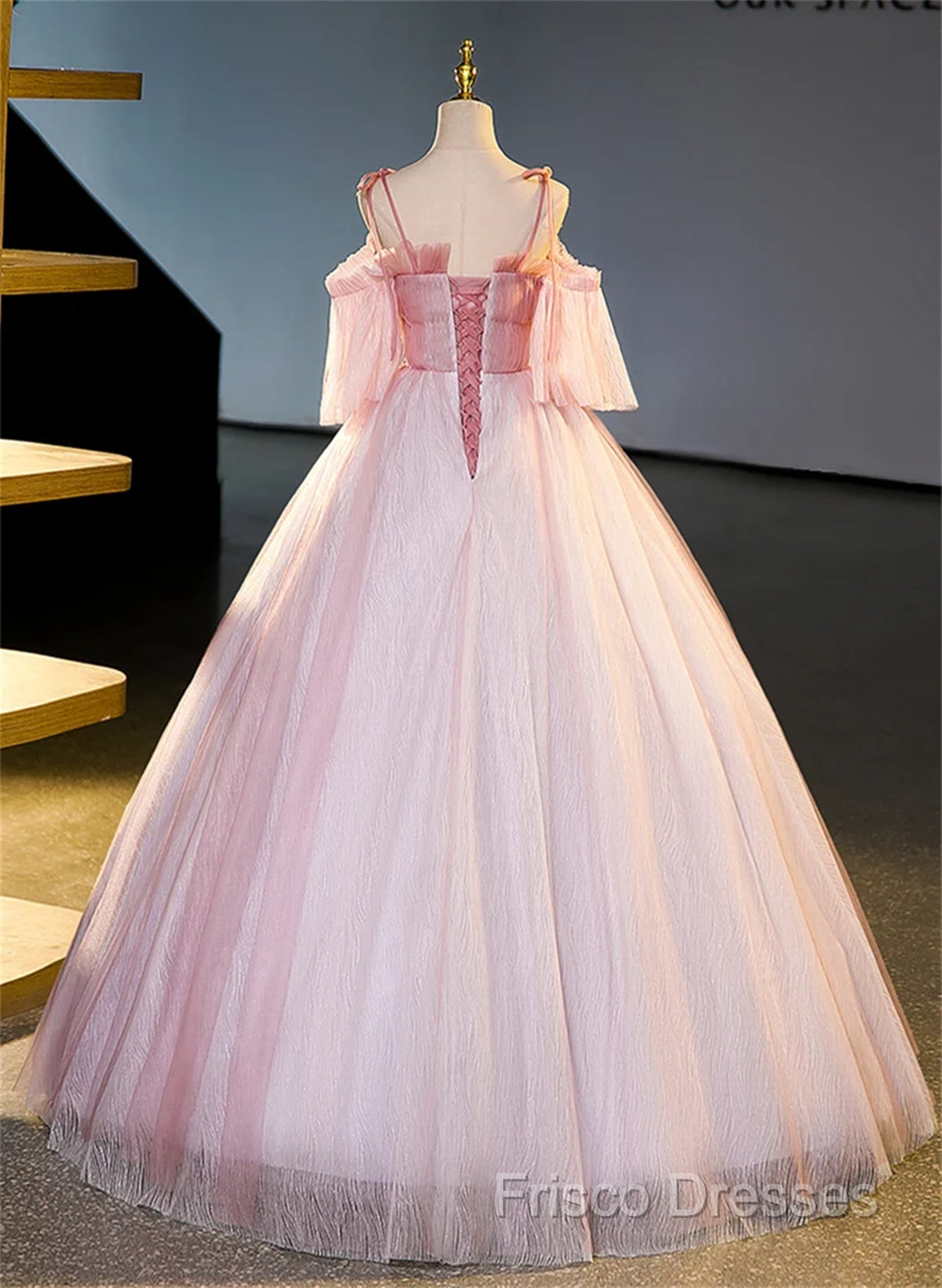 Pink Tulle Off Shoulder Beaded A-Line Formal Prom Dress, Pink Tulle Long Party Dress