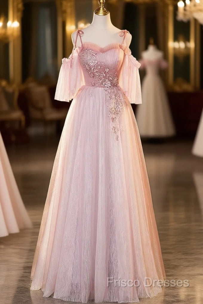 Pink Tulle Off Shoulder Beaded A-Line Formal Prom Dress, Pink Tulle Long Party Dress Main image