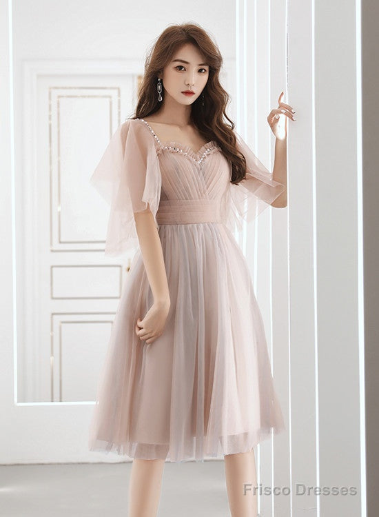 Pink Tulle Off Shoulder Short Party Dress, Pink Tulle Homecoming Dresses Main image