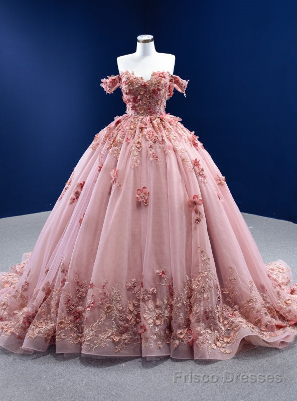 Pink Tulle Off the Shoulder 3D Appliques Prom Dress Main image