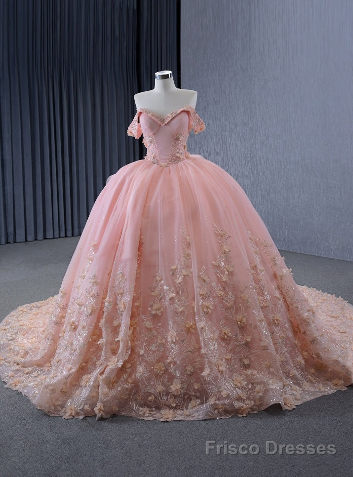 Pink Tulle Off the Shoulder 3D Flower Prom Dress Main image