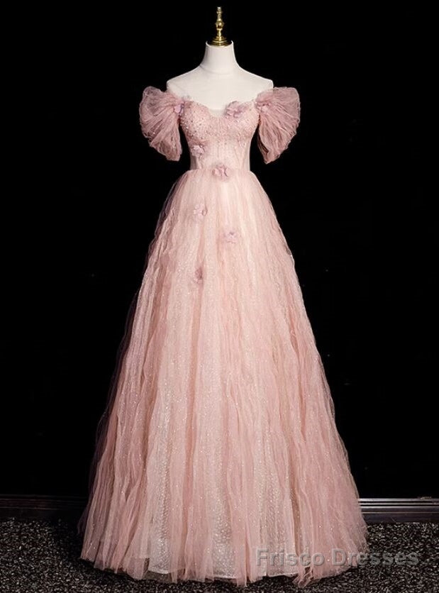 Pink Tulle Off the Shoulder Beading Prom Dress Main image