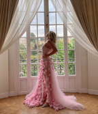 Charming Pink Strapless High Slit Flower Prom Dress