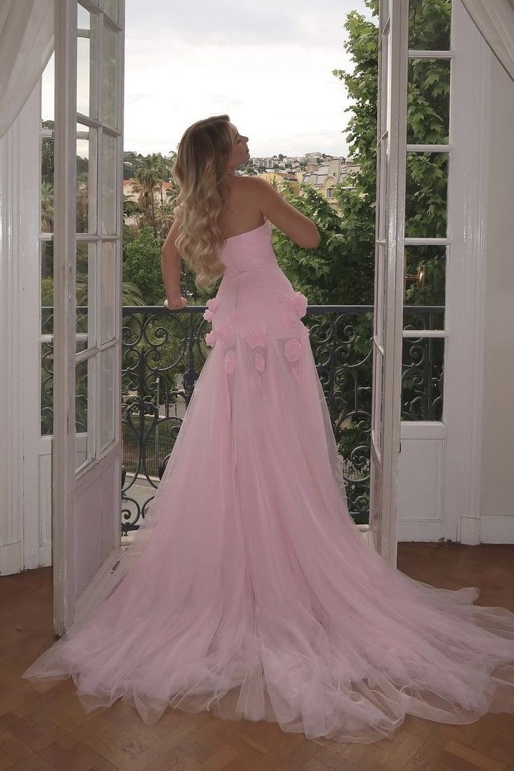 Charming Pink Strapless High Slit Flower Prom Dress