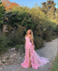 Charming Pink Strapless High Slit Flower Prom Dress