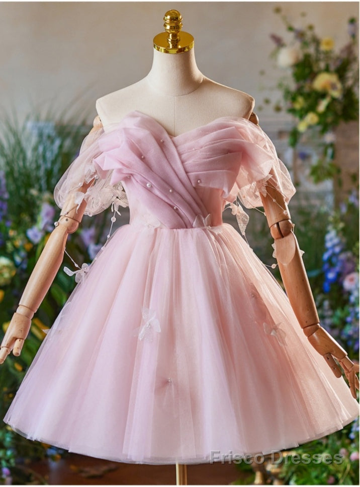 Pink Tulle Off the Shoulder Pleats Pearls Homecoming Dress Main image