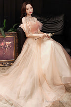 Pink Tulle Off The Shoulder Prom Dresses, A-Line Evening Dress
