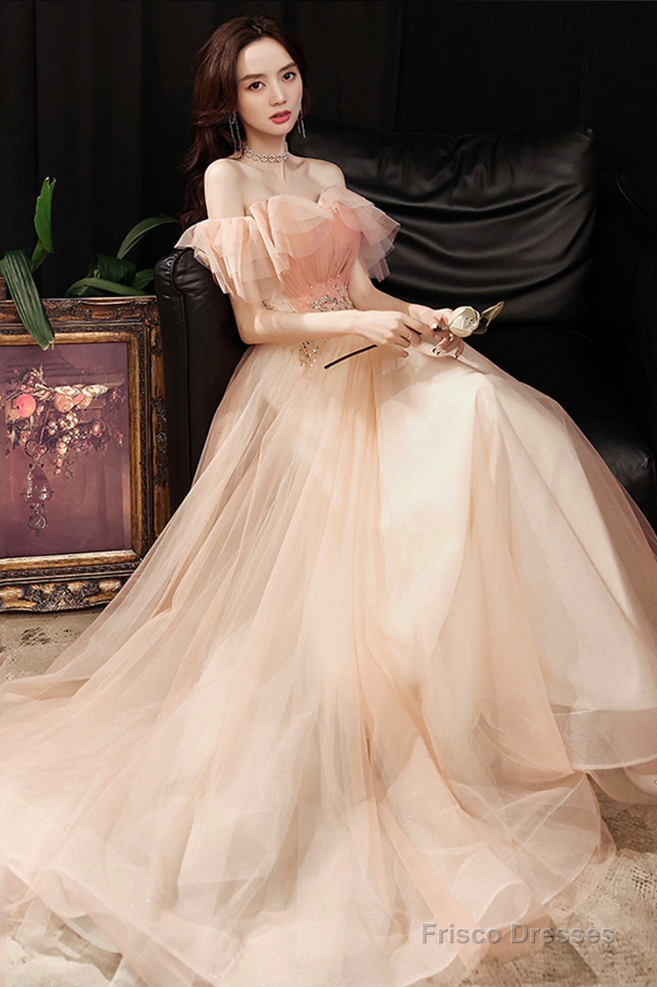 Pink Tulle Off The Shoulder Prom Dresses, A-Line Evening Dress