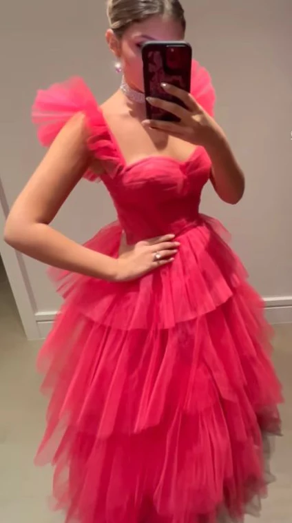 Pink Tulle Prom Dresses Long Evening Dress