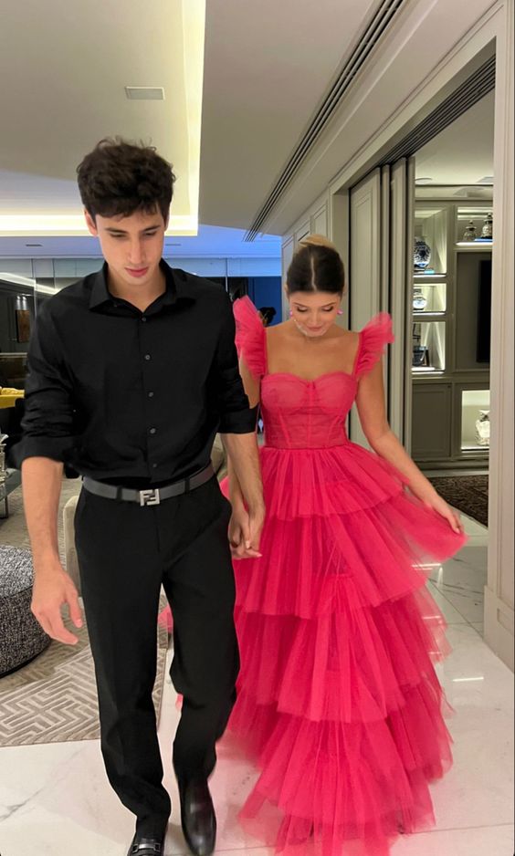 Pink Tulle Prom Dresses Long Evening Dress Main image