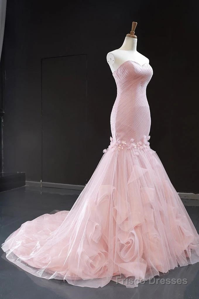 Pink Tulle Prom Dresses Sweetheart Mermaid Long Formal Dress with Ruffles,Wedding Party Dresses Secondary image