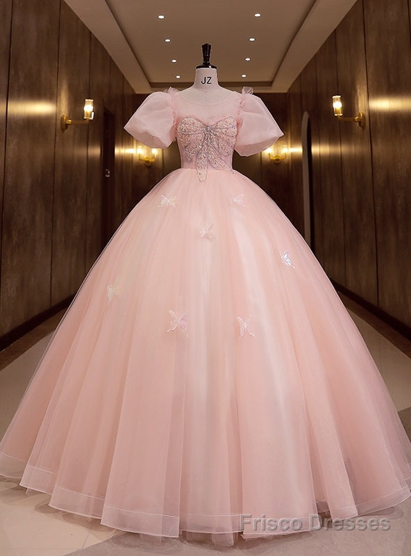 Pink Tulle Puff Sleeve Beading Quinceanera Dress Main image