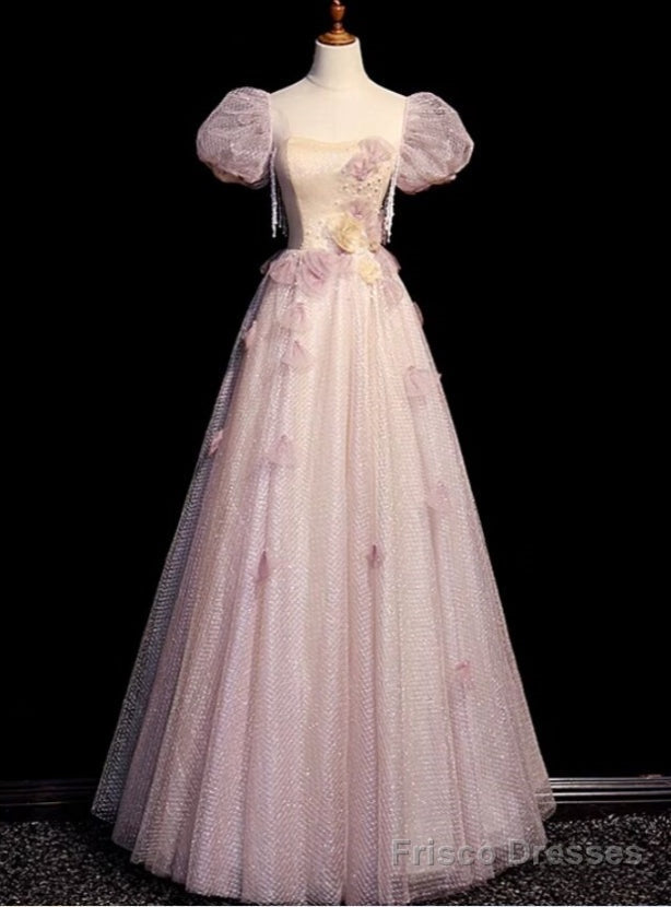 Pink Tulle Puff Sleeve Flower Prom Dress Main image