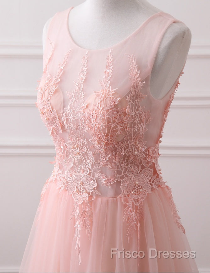 Pink Tulle Round Lace Applique Long Formal Dress, Pink Tulle Junior Formal Prom Dress Party Dress Secondary image