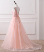 Pink Tulle Round Lace Applique Long Formal Dress, Pink Tulle Junior Formal Prom Dress Party Dress