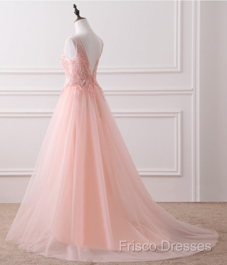 Pink Tulle Round Lace Applique Long Formal Dress, Pink Tulle Junior Formal Prom Dress Party Dress