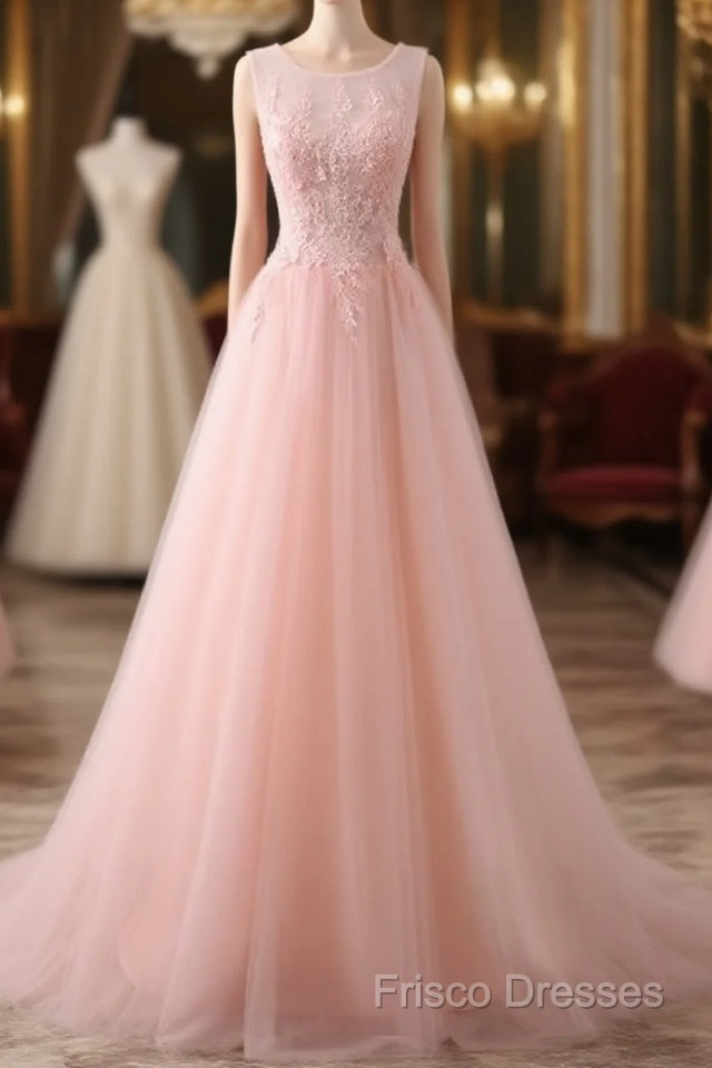 Pink Tulle Round Lace Applique Long Formal Dress, Pink Tulle Junior Formal Prom Dress Party Dress