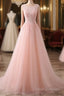 Pink Tulle Round Lace Applique Long Formal Dress, Pink Tulle Junior Formal Prom Dress Party Dress