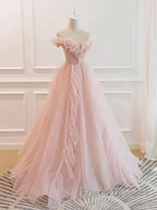 Pink Tulle Ruffles Off The Shoulder Long Formal Prom Dress