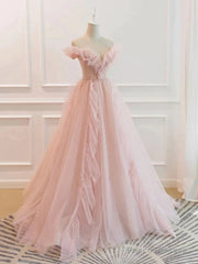 Pink Tulle Ruffles Off The Shoulder Long Prom Dress