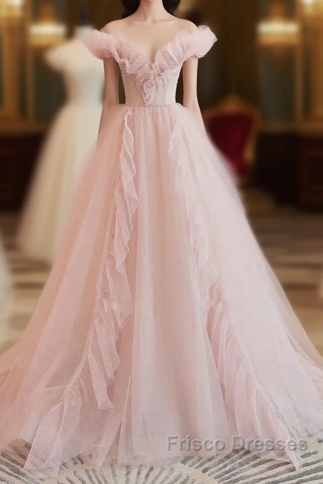 Pink Tulle Ruffles Off The Shoulder Long Formal Prom Dress Main image