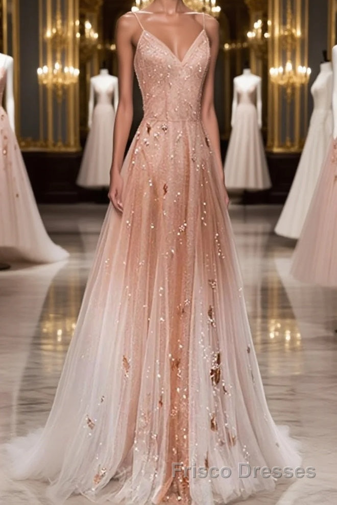 Pink tulle sequin beads long Formal Prom Dresses pink tulle formal Dresses Main image