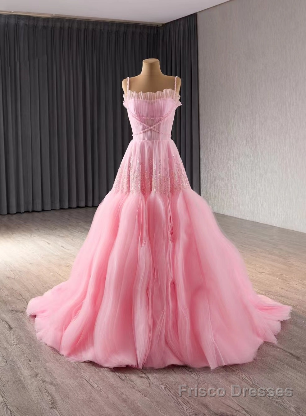 Pink Tulle Sequins Beading Pleats Straps Prom Dress Main image