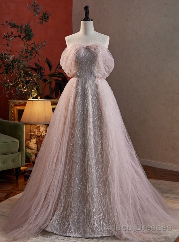 Pink Tulle Sequins Beading Strapless Prom Dress Main image