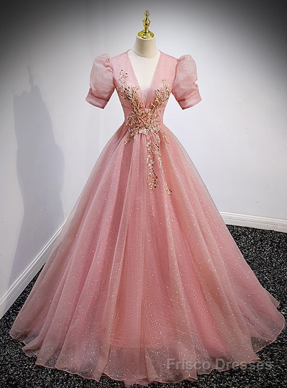 Pink Tulle Sequins Deep V-neck Puff Sleeve Beading Prom Dress Main image