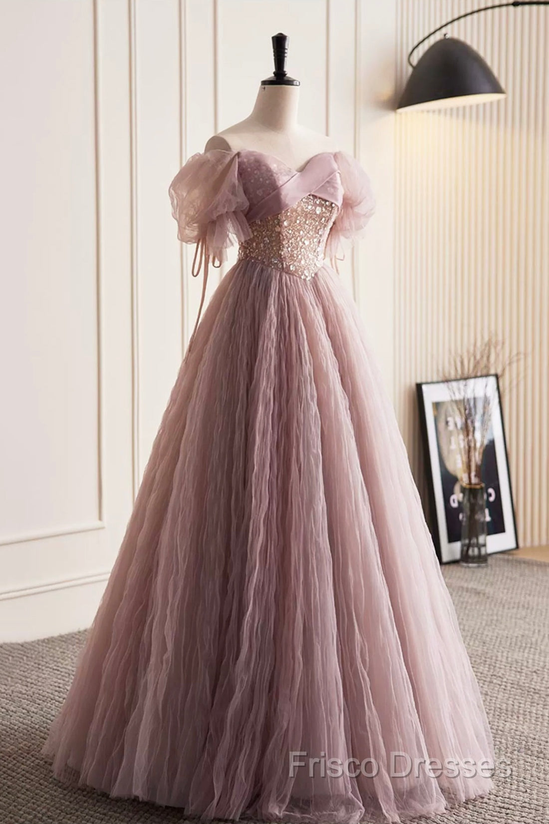 Pink Tulle Sequins Floor Length Formal Prom Dress, Beautiful Off The Shoulder Formal Party Dress