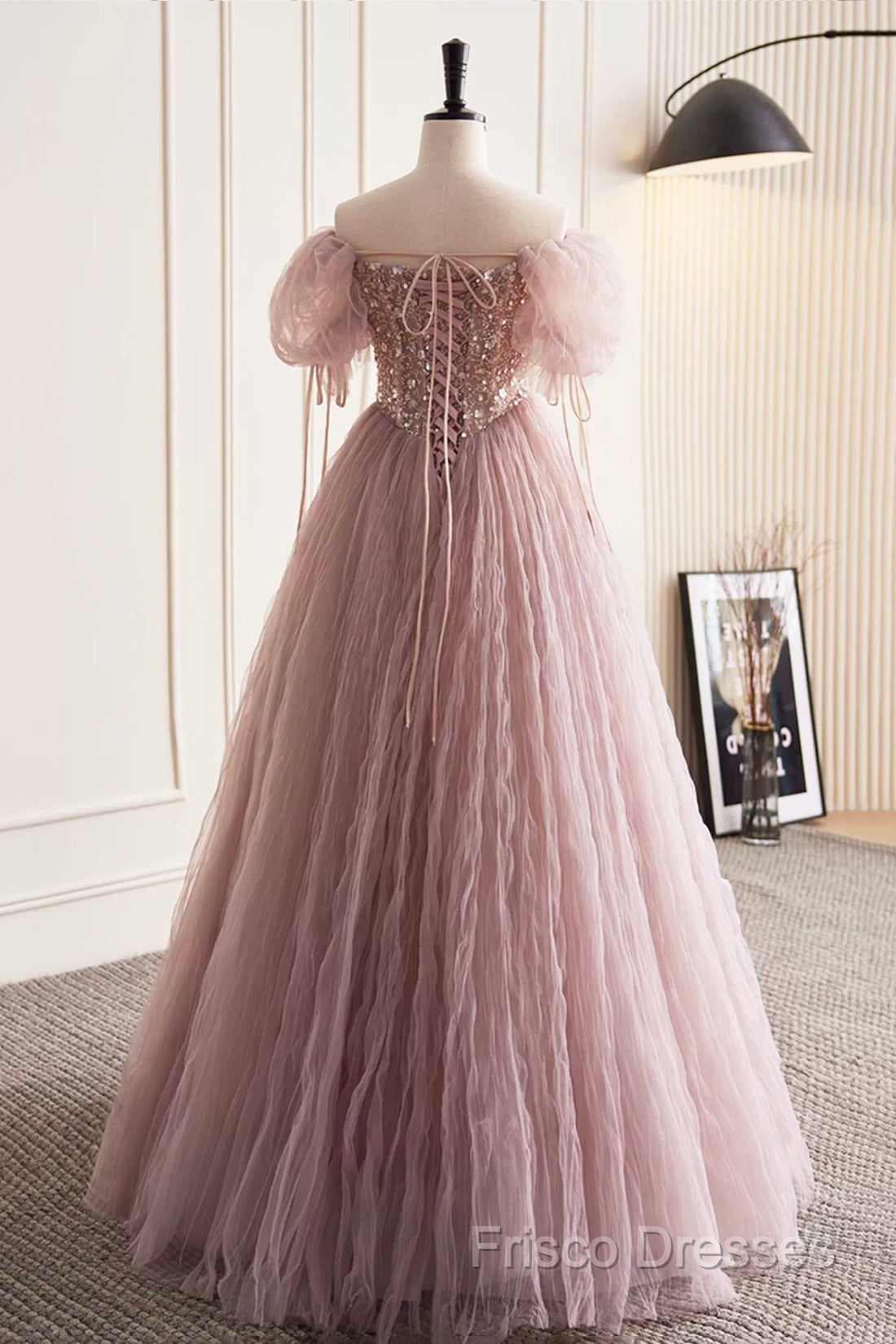 Pink Tulle Sequins Floor Length Formal Prom Dress, Beautiful Off The Shoulder Formal Party Dress