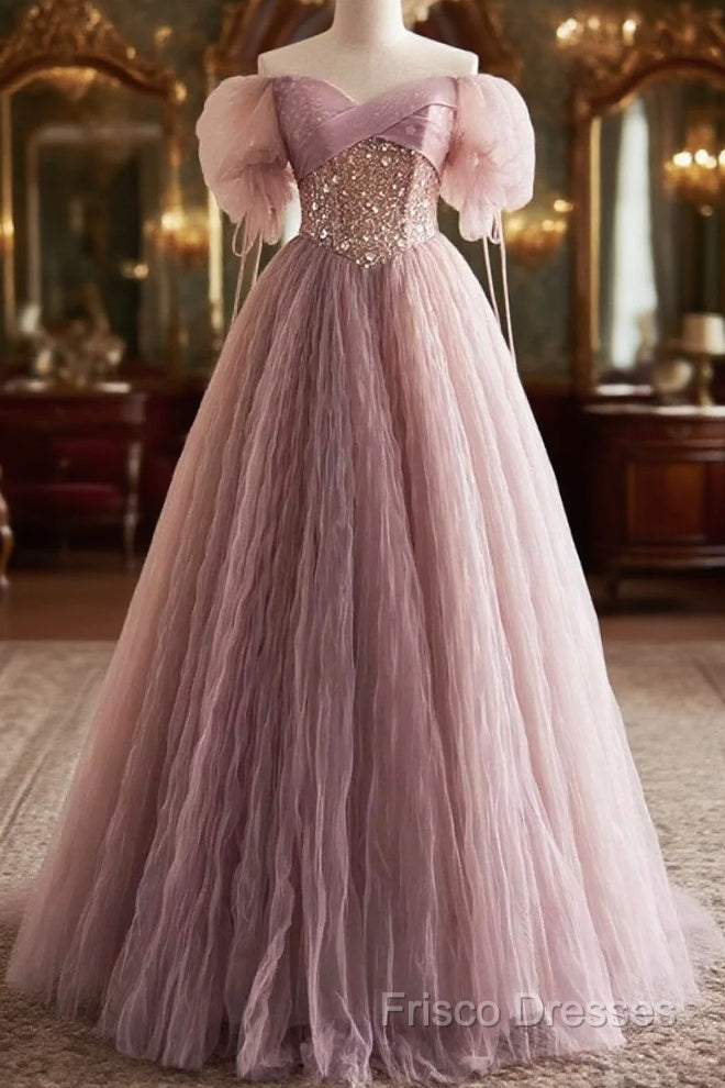 Pink Tulle Sequins Floor Length Formal Prom Dress, Beautiful Off The Shoulder Formal Party Dress Main image