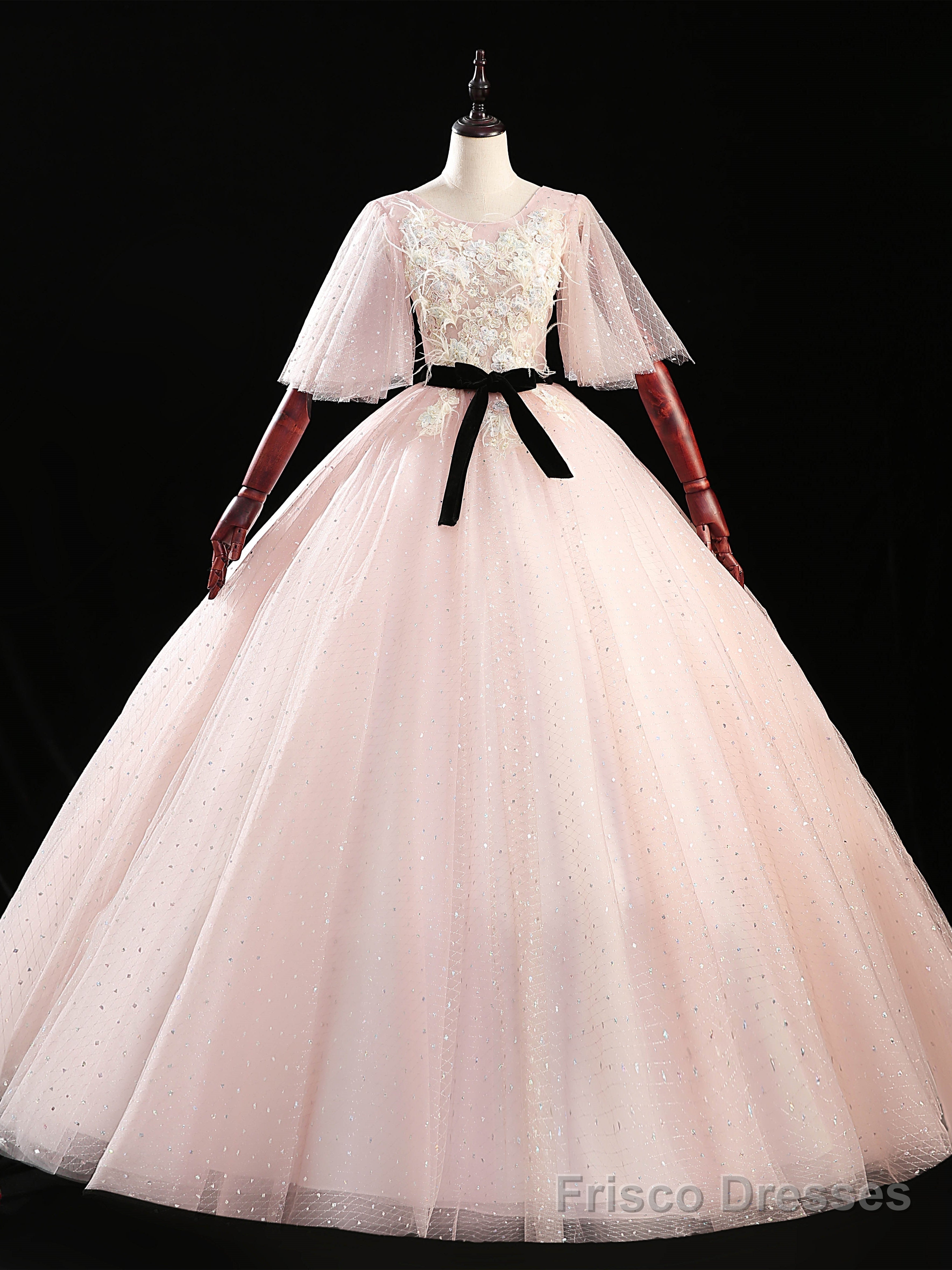 Pink Tulle Sequins Flying Sleeve Appliques Feather Quinceanera Dress Main image