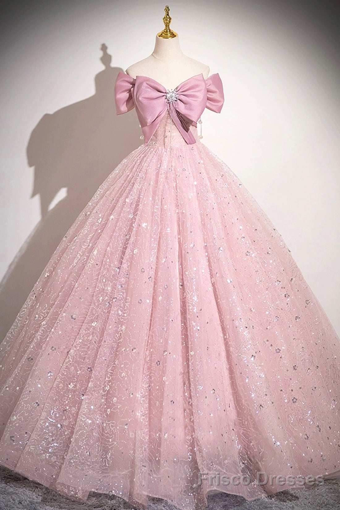 Pink Tulle Sequins Long A-Line Prom Dress, Pink Off Shoulder Evening Dress Main image